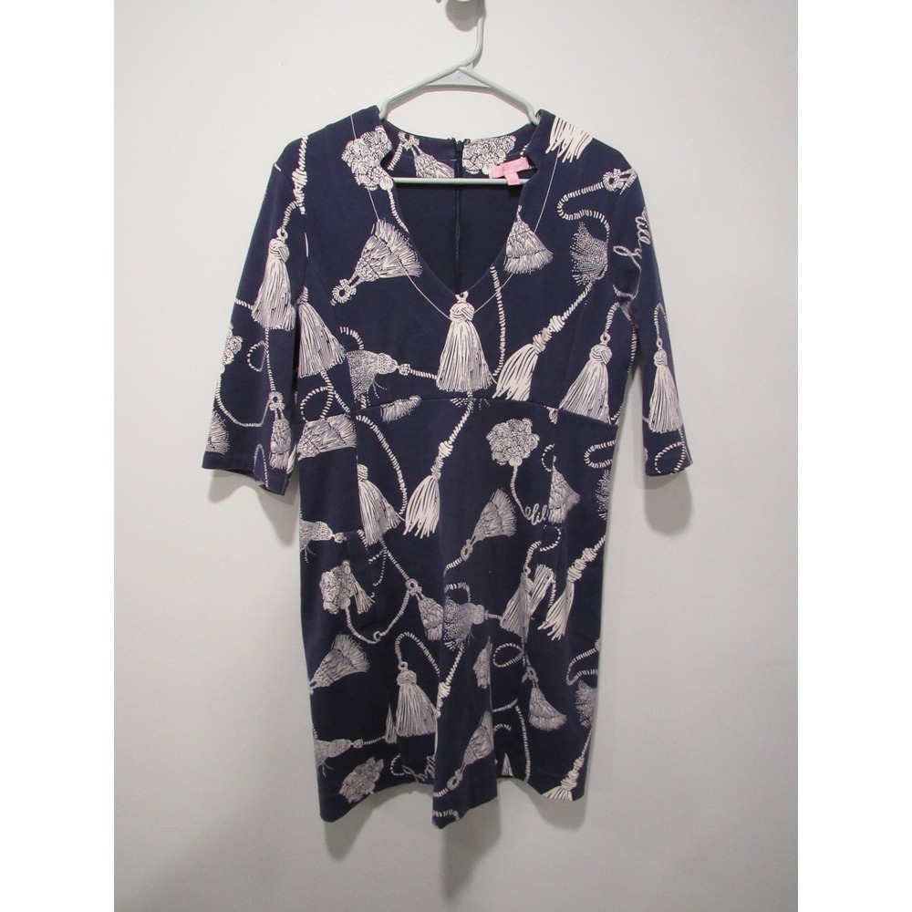 Lilly Pulitzer Tassel Print Shift Dress Navy Blue White Preppy V-Neck Large